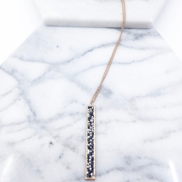 Southern Seoul Jewelry - Long gold tone crushed stone black bar necklace